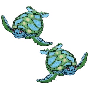 Lot de 2 écussons appliqués tortue de mer - Insignes de créature marine brodés 2 5/8 po. (fer à repasser)