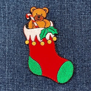 Christmas Stocking Applique Patch - Embroidered Holiday Badge 3.25" (Iron On)