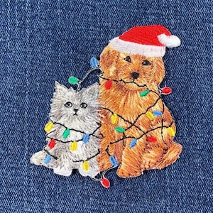 Christmas Puppy & Kitten Applique Patch - Dog Cat Embroidered Animal Badge 2.75" (Iron On)