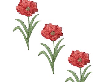 Small Poppy Appliqué Patch - Flower Bloom Gardening Badge 2" (3-Pack, Iron on)