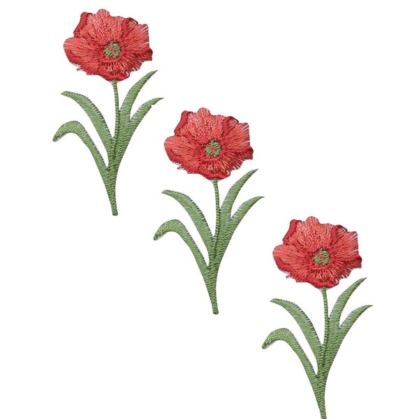 Small Poppy Appliqué Patch - Flower Bloom Gardening Badge 2" (3-Pack, Iron on)