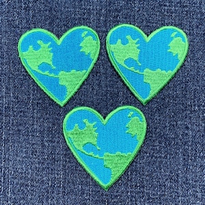 3-Pack Heart World Applique Patch - Embroidered Earth Day Badge 2" (Iron On)