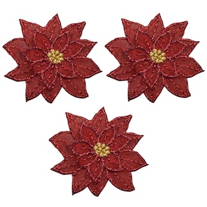 Small Poinsettia Applique Patch - Sheer Christmas Flower 1.75" (3-Pack, Iron on)