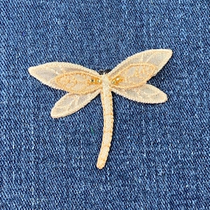 Layered Dragonfly Applique Patch - Gold & Beige Beaded Embroidered Insect Badge 2" (Iron On)