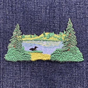 Lake Scene & Loon Applique Patch - Embroidered Pond Duck Trees Nature Badge 4" (Iron On)