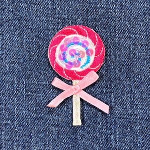Sequin Lollipop & Bow Applique Patch - Embroidered Candy Badge 2-1/8" (Iron On)