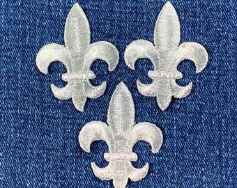 3-Pack Silver Fleur De Lis Applique Patch - Embroidered Decorative Badge 1.75" (Iron On)