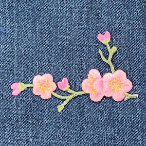 Cherry Blossom Applique Patch - Green Branch Pink Flower Embroidered Badge Facing Left 3-1/8&quot; (Iron on)