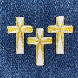3-Pack Cross Applique Patch - Metallic Gold & White Christian Religious Embroidered Badge 2&quot; (Iron Or Sew On)