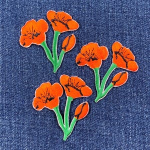 3-Pack Poppy Applique Patch - Flower Poppies California Embroidered Badge 1-3/4&quot; (Iron On)