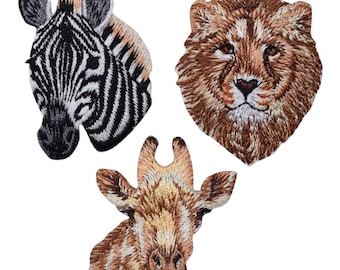 Giraffe, Lion, & Zebra Applique Patch Set - Animal Head Badges 1.75" (3-Pack, Iron on)