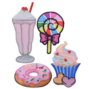Dessert Applique Patch Set: Cupcake, Donut, Lollipop, Milkshake (Iron On)