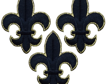 3-Pack Large Fleur De Lis Patch - Embroidered Black & Gold Badge 2-5/8" (Iron On)