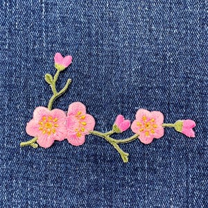 Cherry Blossom Applique Patch - Green Branch Pink Flower Embroidered Badge Facing Right 3-1/8&quot; (Iron on)