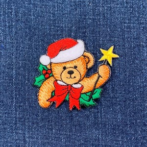 Christmas Teddy Bear Applique Patch - Embroidered Santa Hat & Star Badge 2-1/4" (Iron On)