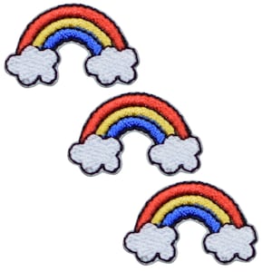 May include: Three rainbow iron-on patches with white clouds. Each patch features a red, orange, yellow, blue, and purple rainbow.