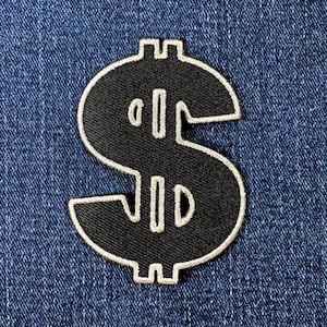 Dollar Sign Patch - Embroidered Black & Metallic Silver Money Badge 3" (Iron On)