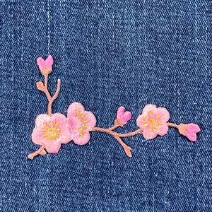 Cherry Blossom Applique Patch - Brown Branch Pink Flower Embroidered Badge Facing Right 3-1/8&quot; (Iron on)
