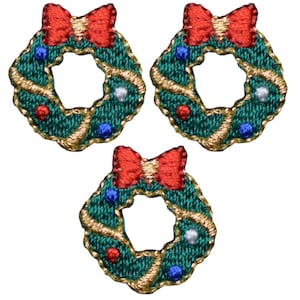 Mini Christmas Wreath Applique Patch - Red Bow, Ornaments 7/8&quot; (3-Pack, Iron on)