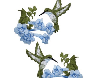 Hummingbird Applique Patch - Blue Flowers, Bird Badge 3.5" (2-Pack or Sold Individually, Iron on)