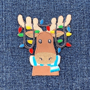 Moose & Christmas Lights Applique Patch - Embroidered Holiday Animal Badge 2.5" (Iron On)