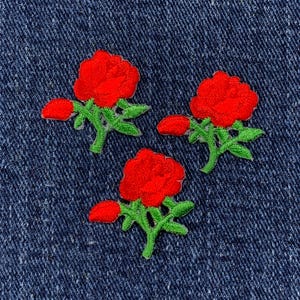 3-Pack Red Rose Applique Patch - Mini Embroidered Flower Badge 1" (Iron On)