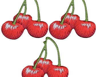 3-Pack Cherry Bunch Applique Patch - Embroidered Sweet Cherries & Food Badge 1.25" (Iron On)