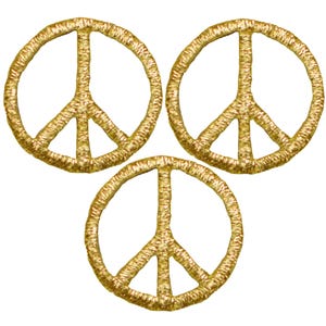 3-Pack Peace Sign Applique Patch - Mini Metallic Gold Embroidered Badge 1" (Iron On)