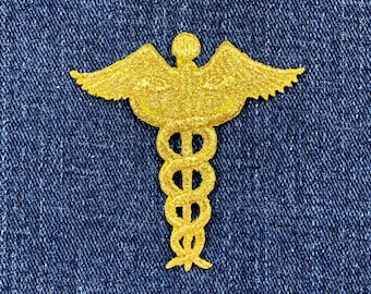 Gold Caduceus Applique Patch - Embroidered Doctor Nurse Medical Badge 2.25" (Iron On)