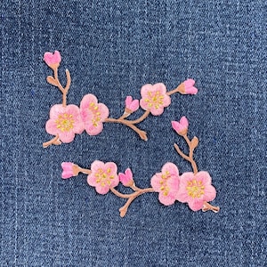 2-Pack Cherry Blossom Applique Patch Set - Embroidered Flower Badge 3-1/8" (Iron On)