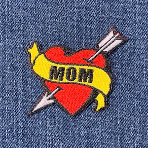 Mom Patch - Embroidered Heart Tattoo Style Badge 2.25" (Iron On)