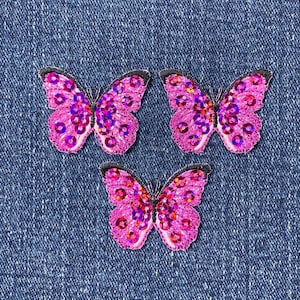 Lot de 3 écussons appliqués papillon - insigne brodé sequins rose fuchsia 1,5" (repassage)