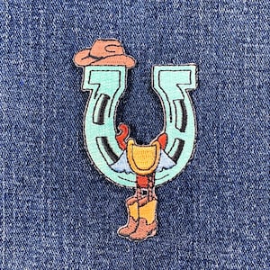 Horseshoe Applique Patch -  Western Cowboy Boots Saddle Embroidered Badge 3-1/8" (Iron On)