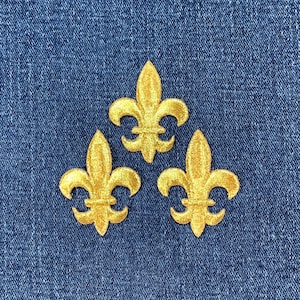3-Pack Medium Gold Fleur De Lis Applique Patch - Embroidered Decorative Badge 1.75" (Iron On)