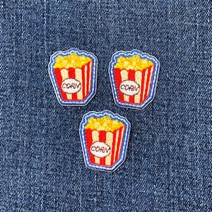 Parche bordado de palomitas de maíz (paquete de 3) - Mini insignia de comida y refrigerio de 3,28 cm (termoadhesivo)