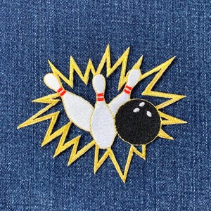 Bowling Applique Patch - Embroidered Pins & Ball Metallic Gold  Badge 4" (Iron On)