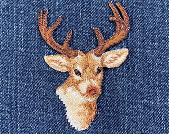 Buck Deer Head Applique Patch - Embroidered Animal Badge 2-7/8" (Iron On)
