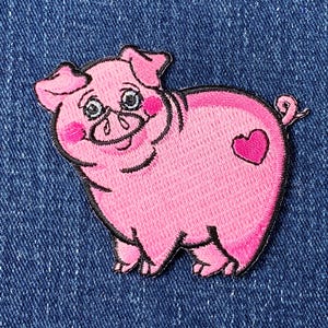 Pig Applique Patch - Pink Heart Love Embroidered Animal Badge 2-5/8&quot; (Iron on)