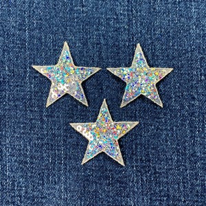 3-Pack Sequin Star Applique Patch - Silver Badge 1.5" (Iron On)