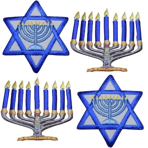 May include: Four embroidered patches featuring two blue and white Star of David designs with a central menorah and two silver-toned menorahs with blue candles and yellow flames, all showcasing detailed stitching and vibrant thread colors.