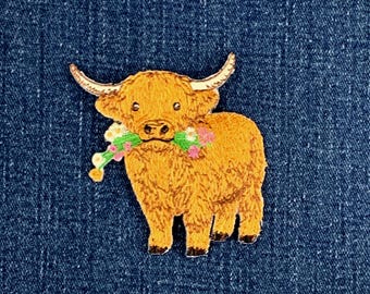 Highland Cow Applique Patch - Embroidered Calf Scottish Farm Animal Badge 2.75" (Iron On)