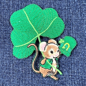 Irish Mouse Applique Patch - Shamrock Clover Leprechaun Hat Embroidered Badge 2-7/8&quot; (Iron On)