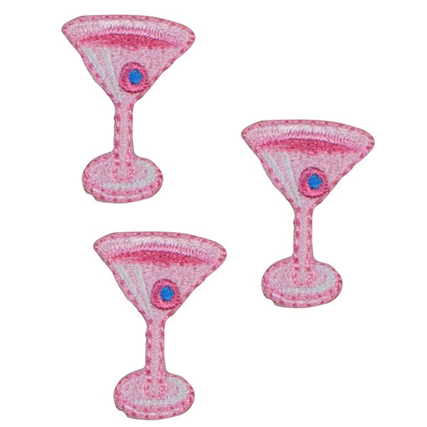 Mini Pink Martini Applique Patch - Cocktail Olive Alcohol Badge 1" (3-Pack, Iron on)
