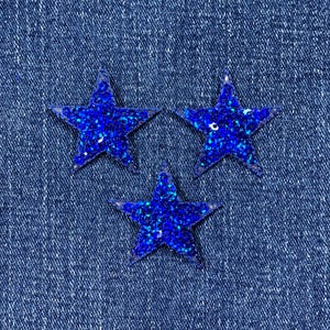 Lot de 3 patchs appliqués étoiles à sequins - Badge bleu 1,5" (repassage à repasser)