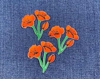 3-Pack Poppy Applique Patch - Embroidered Flower California Poppies Badge 1-3/4" (Iron On)