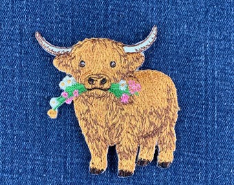 Highland Cow Applique Patch - Embroidered Calf Scottish Farm Animal Badge 2.75" (Iron On)