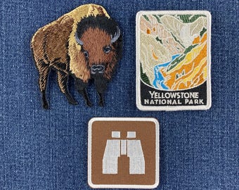 3-Pack Yellowstone Patch Set - Embroidered Binoculars Bison Buffalo National Park Badges (Iron On)