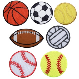 May include: A collection of embroidered patches featuring various sports balls. Includes a basketball, soccer ball, tennis ball, football, volleyball, baseball, and softball. Each patch has detailed stitching and vibrant colors.