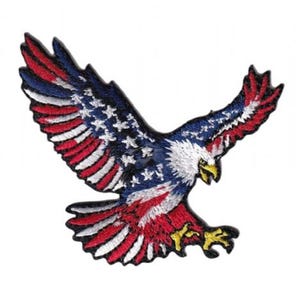 May include: An embroidered patch featuring a bald eagle in flight with its wings spread wide. The eagle's plumage is designed with the red, white, and blue colors of the American flag, including white stars on a blue field and red stripes.