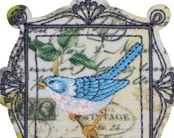 Blue Bird Applique Patch - Leaves, Animal, Nature Badge 2.25" (Iron on)